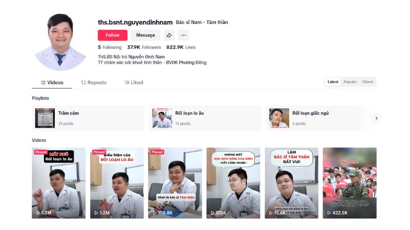 Ths. BSNT Nguyễn Đình Nam thường xuyên chia sẻ về các vấn đề sức khoẻ tinh thần trên trang Tiktok cá nhân