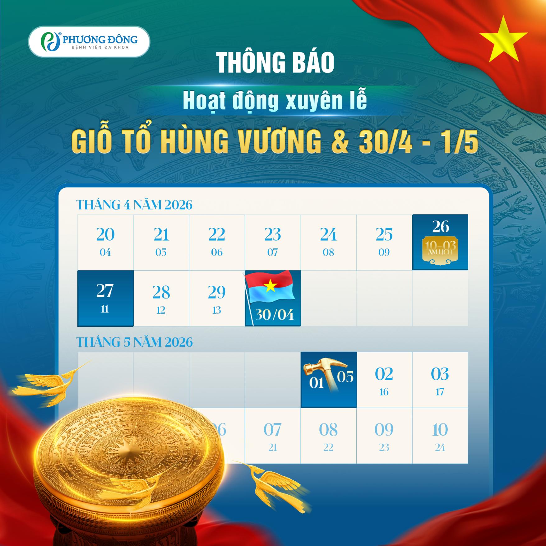 BVĐK Phương Đông thông báo lịch nghỉ lễ Giỗ Tổ Hùng Vương và ngày Thống nhất đất nước 30/4 và Quốc tế Lao động 1/5 năm 2026