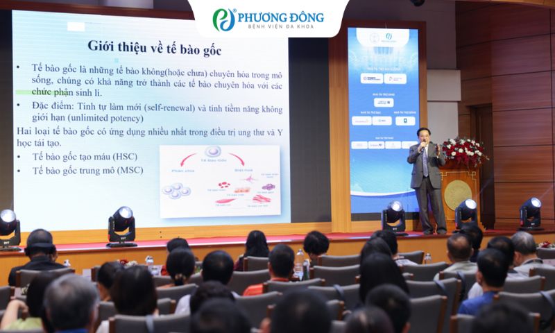 Đại tá, TTƯT.PGS.TS. Nguyễn Trung Chính chia sẻ tại Hội nghị Khoa học Quốc tế Hội Miễn dịch trị liệu ung thư Việt Nam năm 2024.
