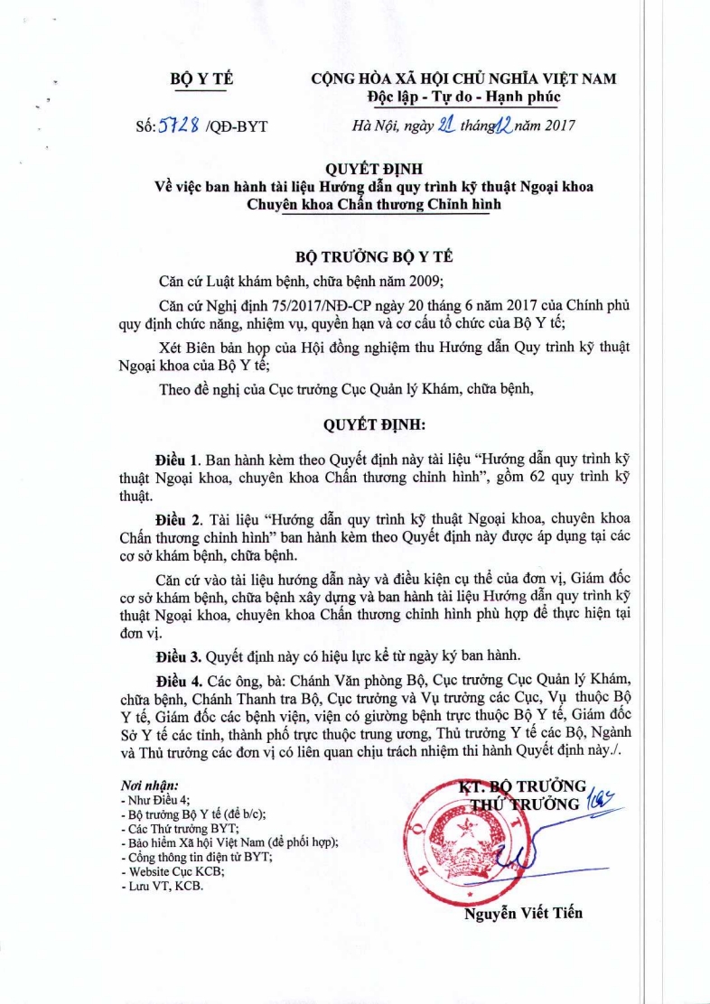 Hướng dẫn Quy trình kỹ thuật Ngoại khoa Chuyên khoa Chấn thương chỉnh hình (QĐ 5728/QĐ-BYT 21/12/2017)