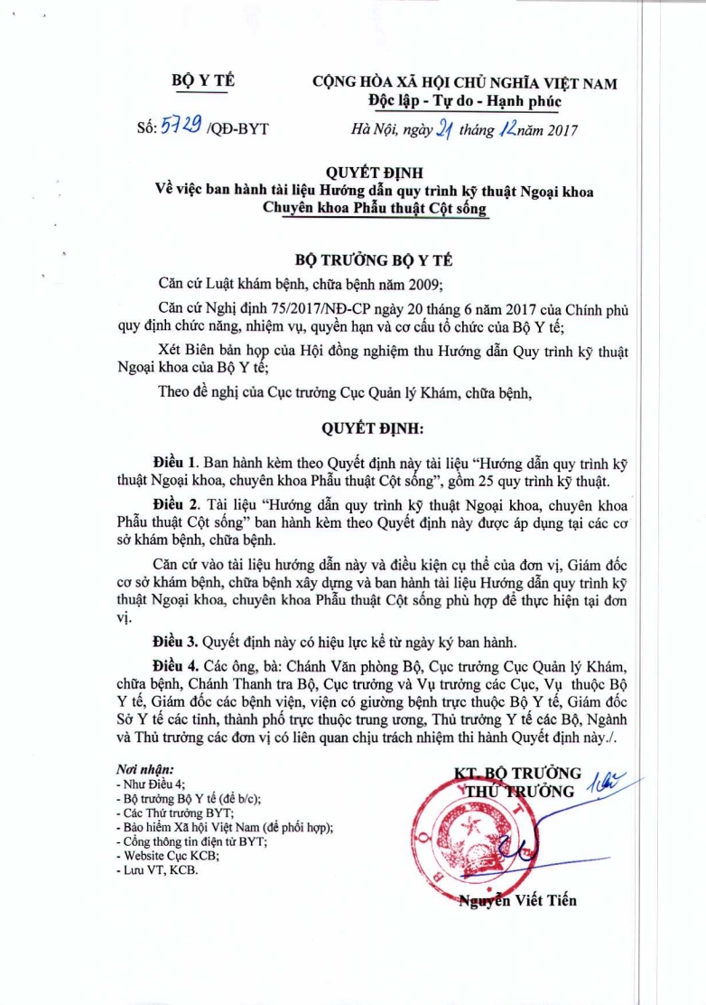 Hướng dẫn Quy trình kỹ thuật Ngoại khoa Chuyên khoa Phẫu thuật Cột sống (QĐ 5729/QĐ-BYT 21/12/2017)