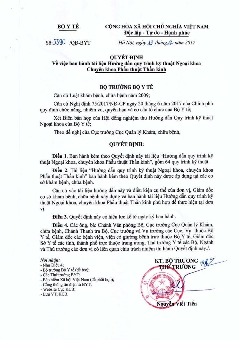 Hướng dẫn Quy trình kỹ thuật Ngoại khoa Chuyên khoa Phẫu thuật Thần kinh (QĐ 5590/QĐ-BYT 13/12/2017)