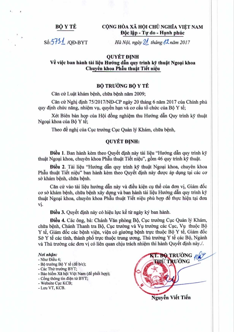 Hướng dẫn Quy trình kỹ thuật Ngoại khoa Chuyên khoa Phẫu thuật Tiết niệu (QĐ 5731/QĐ-BYT 21/12/2017)