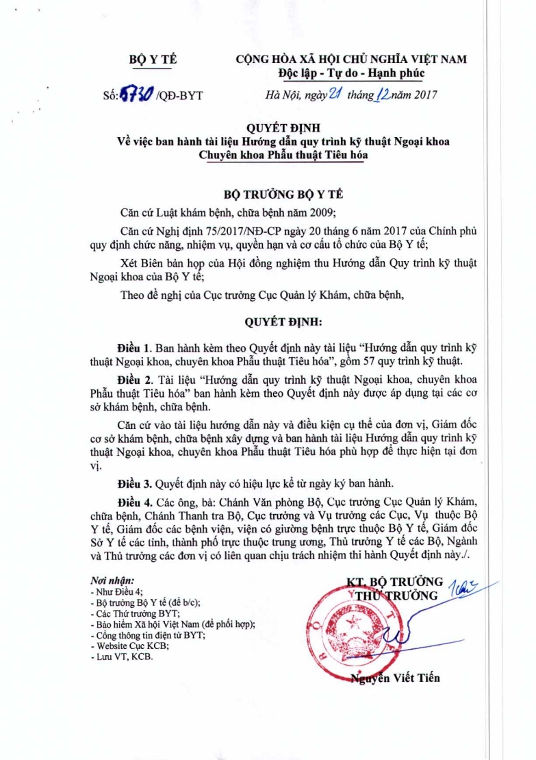 Hướng dẫn Quy trình kỹ thuật Ngoại khoa Chuyên khoa Phẫu thuật Tiêu hóa (QĐ 5730/QĐ-BYT 21/12.2017)