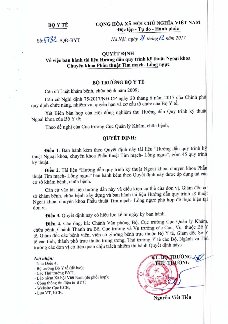 Hướng dẫn Quy trình kỹ thuật Ngoại khoa Chuyên khoa Phẫu thuật Tim mạch (QĐ 5732/QĐ-BYT 21/12/2017)