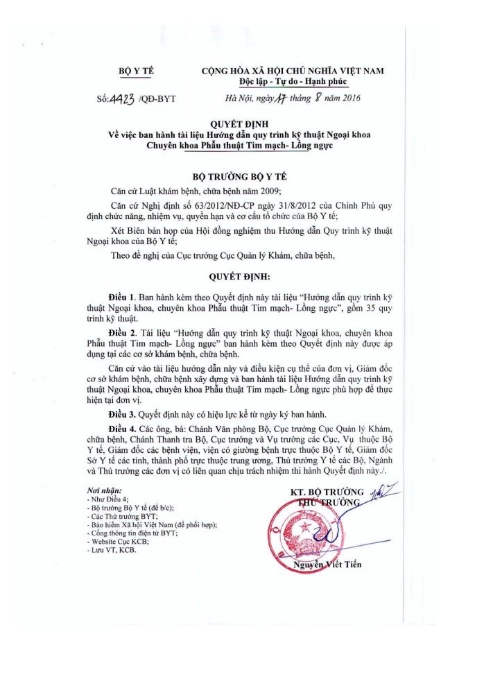 Hướng dẫn quy trình kỹ thuật Chuyên khoa Phẫu thuật Tim mạch – Lồng ngực (QĐ 4423/QĐ-BYT 17/8/2016)