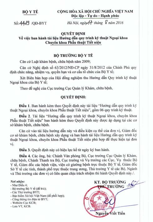 Hướng dẫn quy trình kỹ thuật Chuyên khoa Phẫu thuật Tiết niệu (QĐ 4419/QĐ-BYT 17/8/2016)