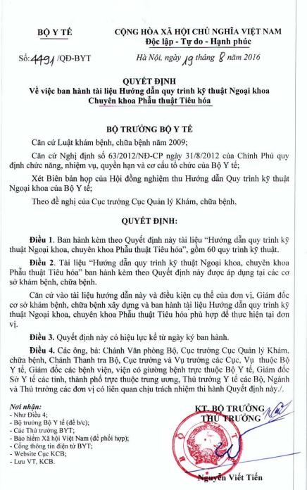 Hướng dẫn quy trình kỹ thuật Chuyên khoa Phẫu thuật Tiêu hoá (QĐ 4491/QĐ-BYT 19/8/2016)