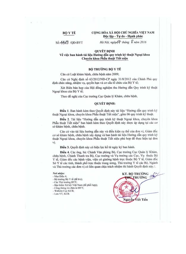 Hướng dẫn quy trình kỹ thuật Chuyên khoa Phẫu thuật Tiết niệu (QĐ 4419/QĐ-BYT 17/8/2016)