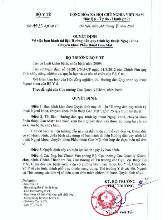Hướng dẫn quy trình kỹ thuật Chuyên khoa Phẫu thuật Gan mật (QĐ 4420/QĐ-BYT 17/8/2016)
