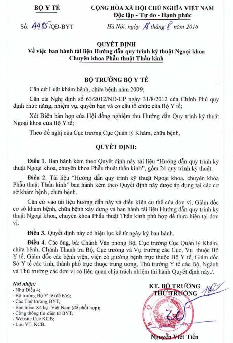Hướng dẫn quy trình kỹ thuật Chuyên khoa Phẫu thuật Thần kinh (QĐ 4485/QĐ-BYT18/8/2016)
