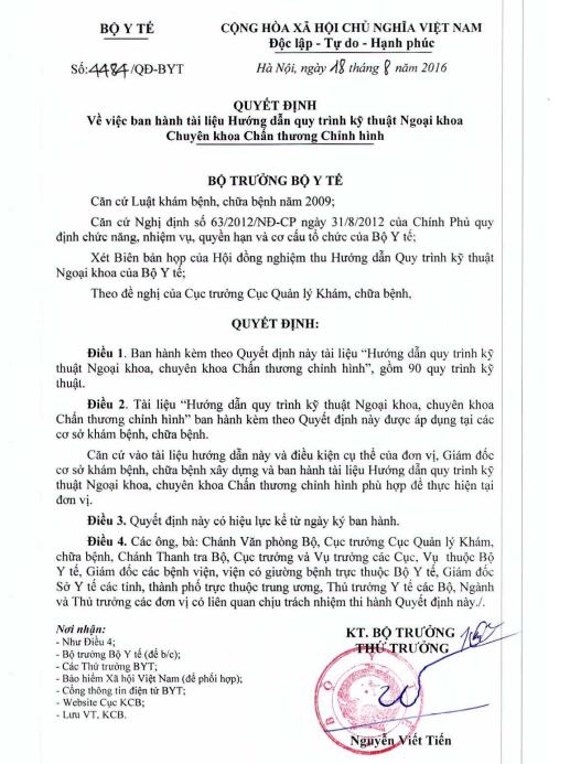 Hướng dẫn quy trình kỹ thuật Ngoại khoa chuyên khoa Chấn thương Chỉnh hình (QĐ 4484/QĐ-BYT 18/8/2016)