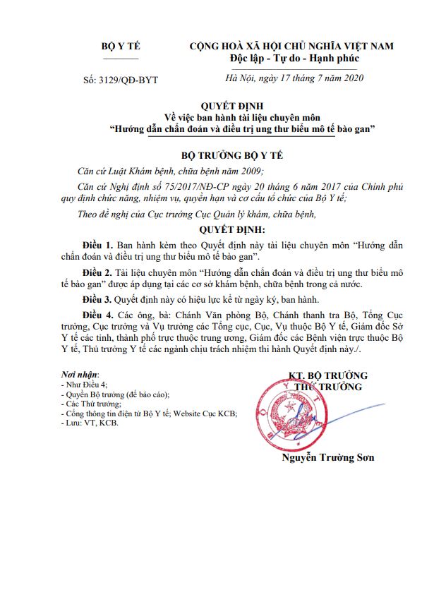Hướng dẫn chẩn đoán và điều trị ung thư biểu mô tế bào gan (QĐ 3129/QĐ-BYT 17/07/2020)