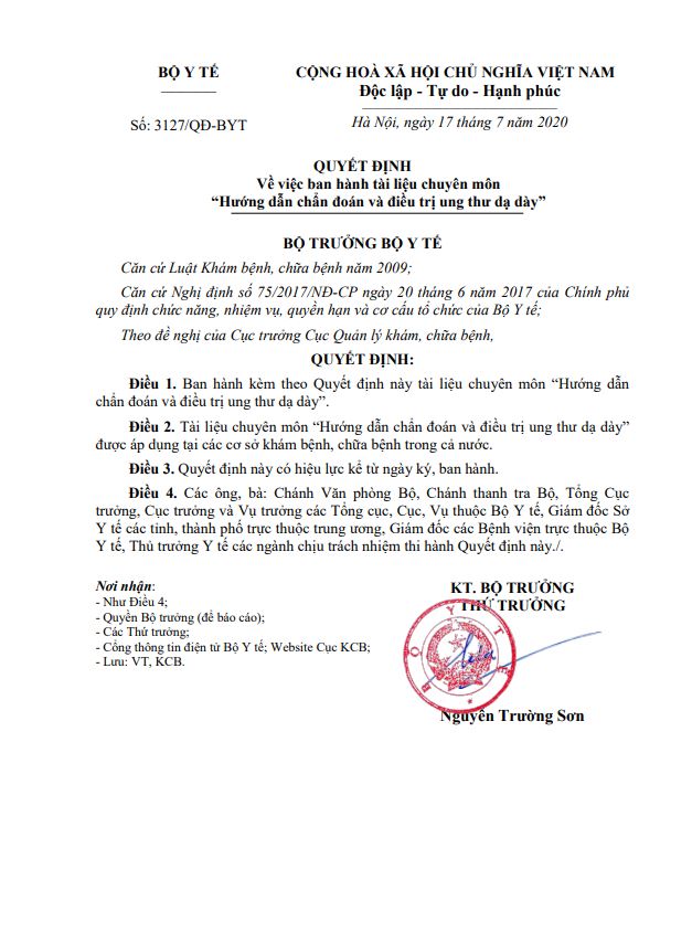 Hướng dẫn chẩn đoán và điều trị ung thư dạ dày (QĐ 3127/QĐ-BYT 17/07/2020)