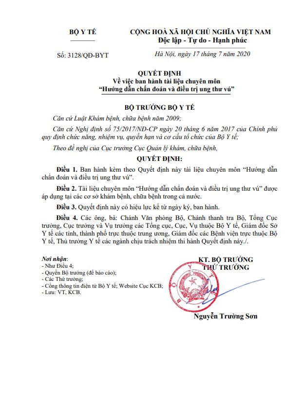 Hướng dẫn chẩn đoán và điều trị ung thư vú (QĐ 3128/QĐ-BYT 17/07/2020)