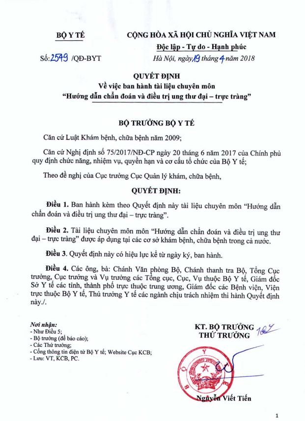 Hướng dẫn chẩn đoán và điều trị ung thư đại – trực tràng- Quyết định số 2549/QĐ-BYT ngày 19/4/2018